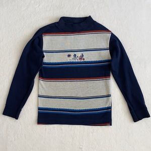 {VTG} Donmoor | Stripe Knit Mock Neck Shirt with Farmer, House, Sun, Tractor